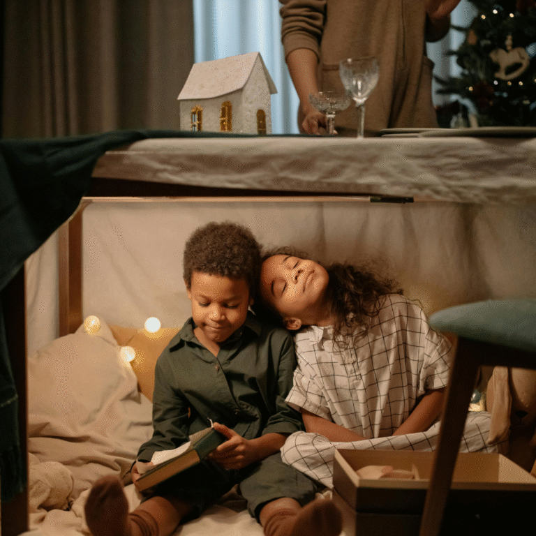 two children sitting next to the Christmas dinner table. aba tips for calmer holiday season