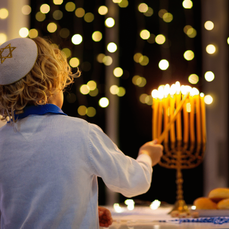 child lighting the hanukkah menorah. aba tips for calmer holiday season