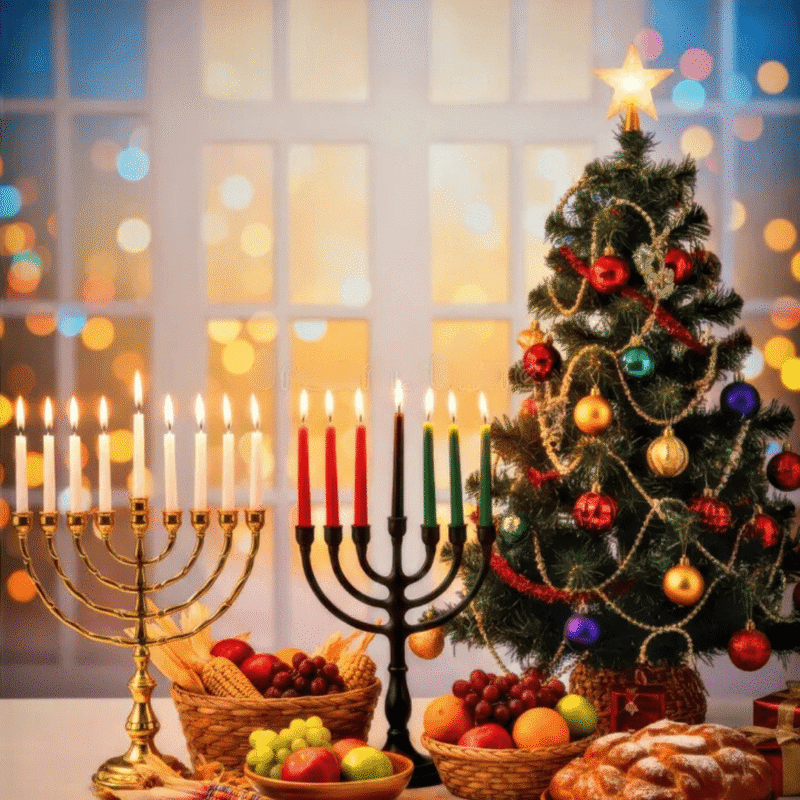 Christmas tree, Menorah, and Mishumaa Saba. ABA Tips for a Calmer Holiday Season